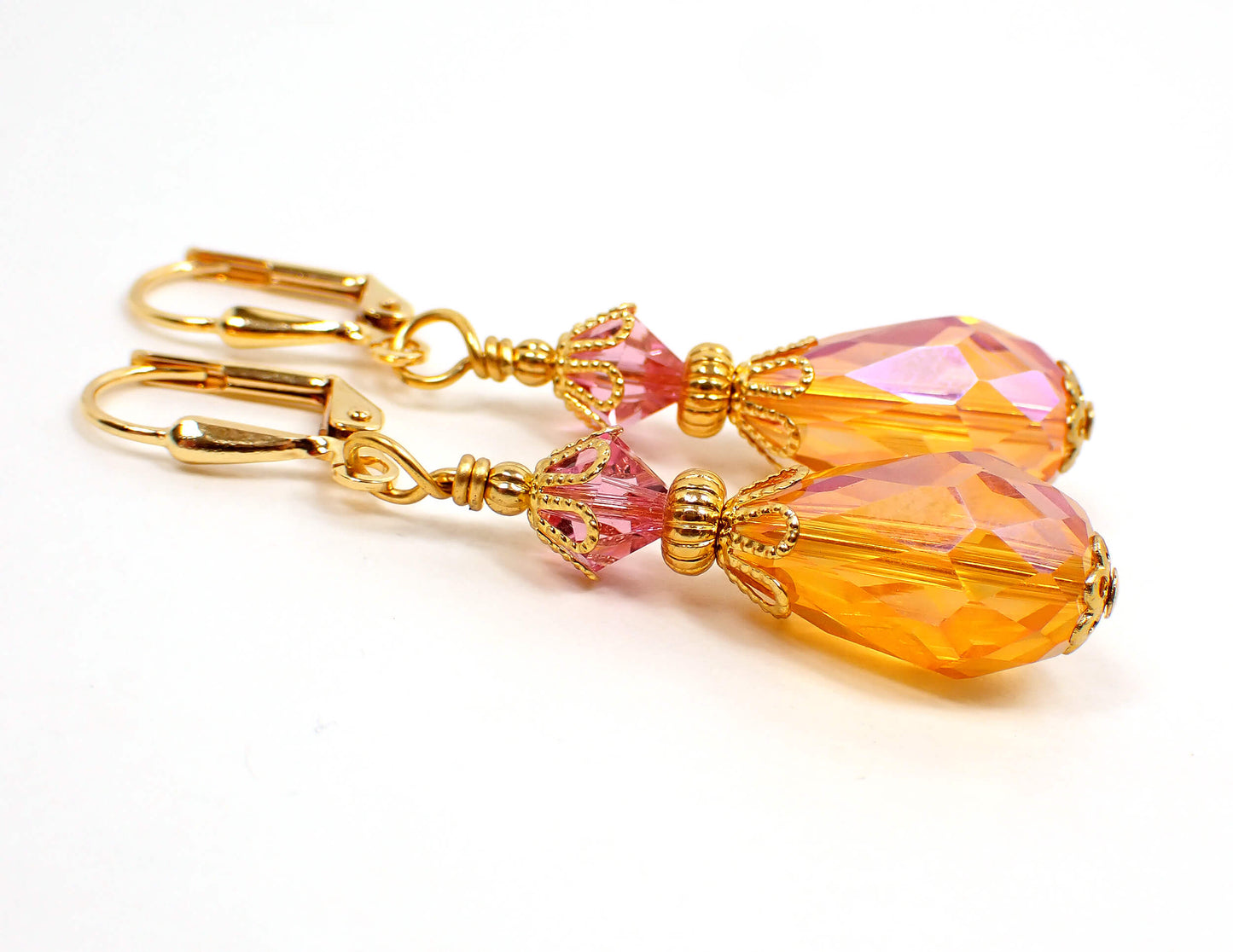 Pink and Orange Handmade Teardrop Earrings Gold Plated Hook Lever Back or Clip On