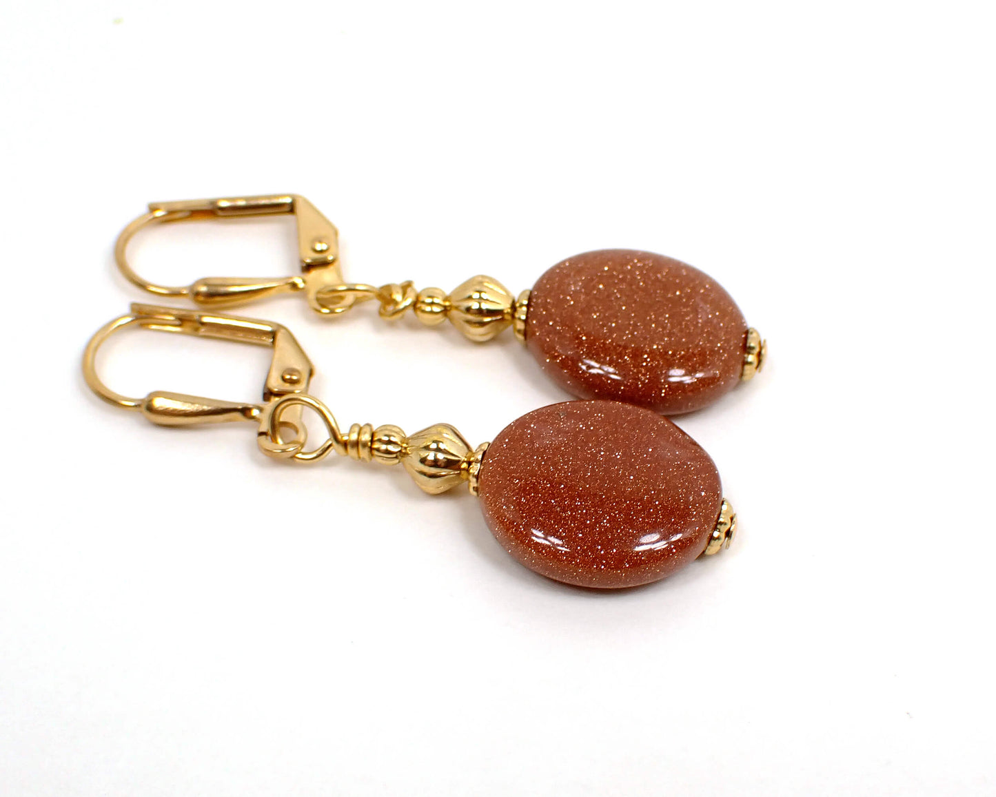 Goldstone Glass Beaded Handmade Drop Earrings Gold Plated Hook Lever Back or Clip On