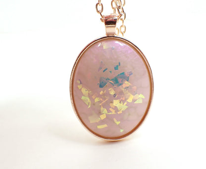 Handmade Off White and Pink Color Shift Resin Oval Glitter Pendant Necklace