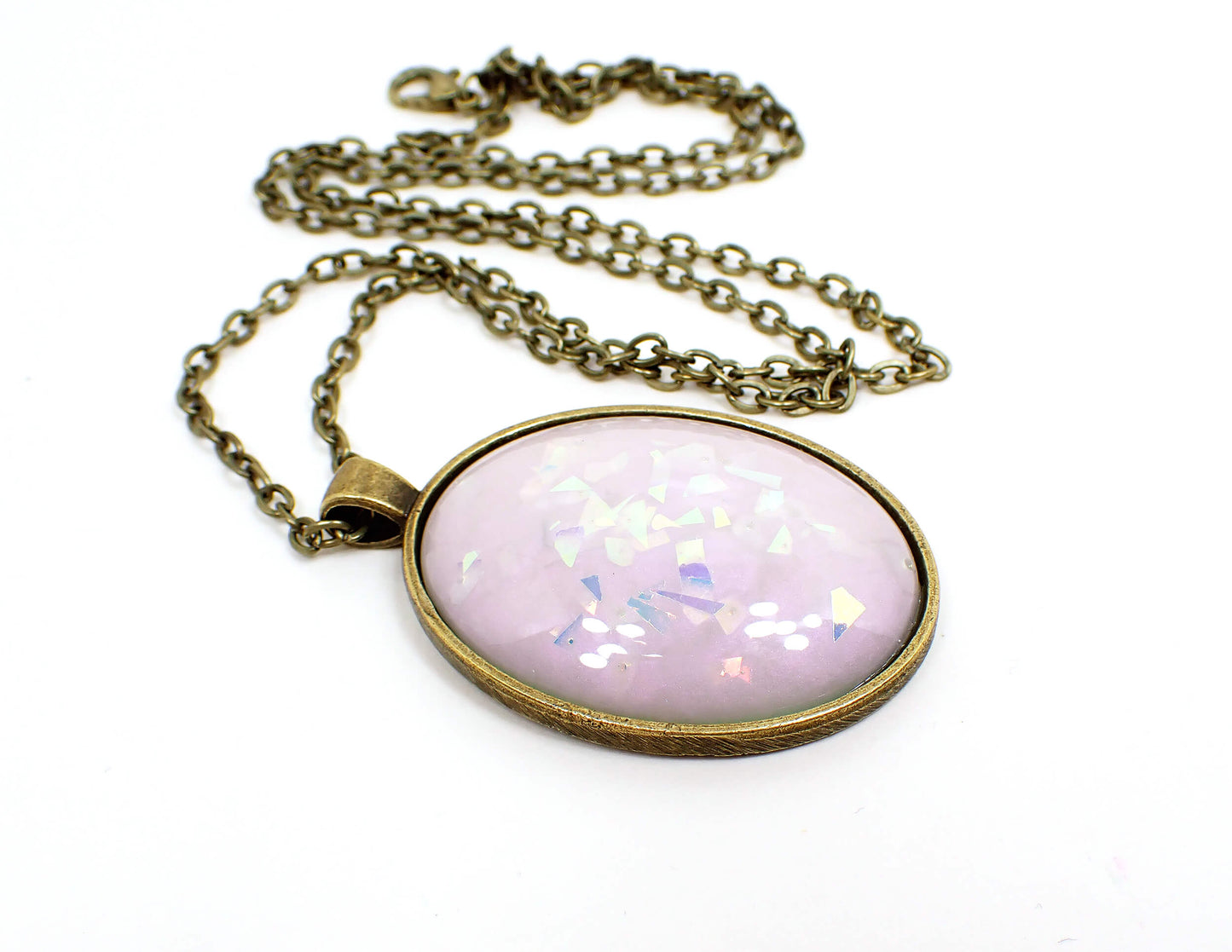 Handmade Off White and Pink Color Shift Resin Oval Glitter Pendant Necklace