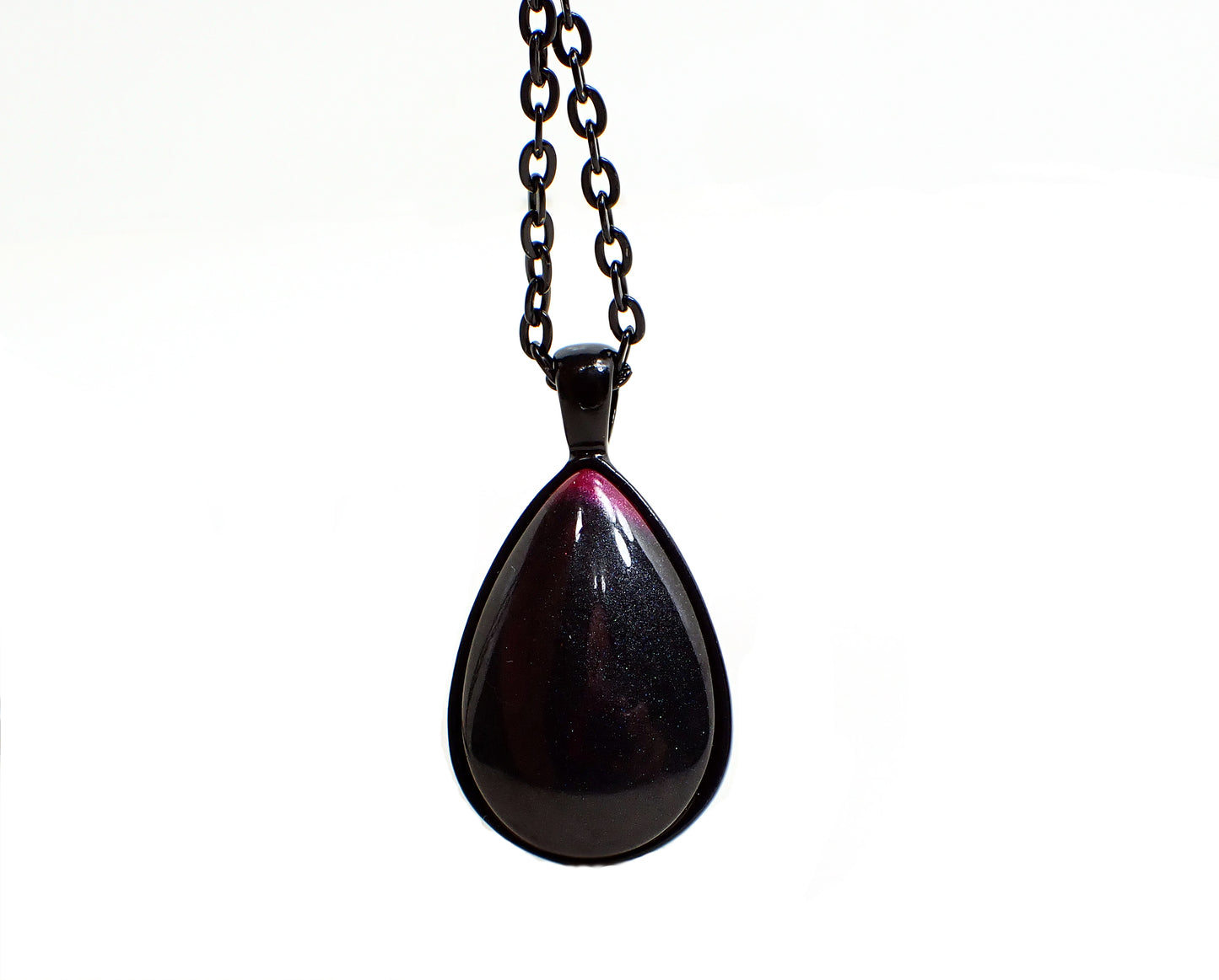 Goth Black Teardrop Handmade Resin Pendant Necklace with a Touch of Bright Pink