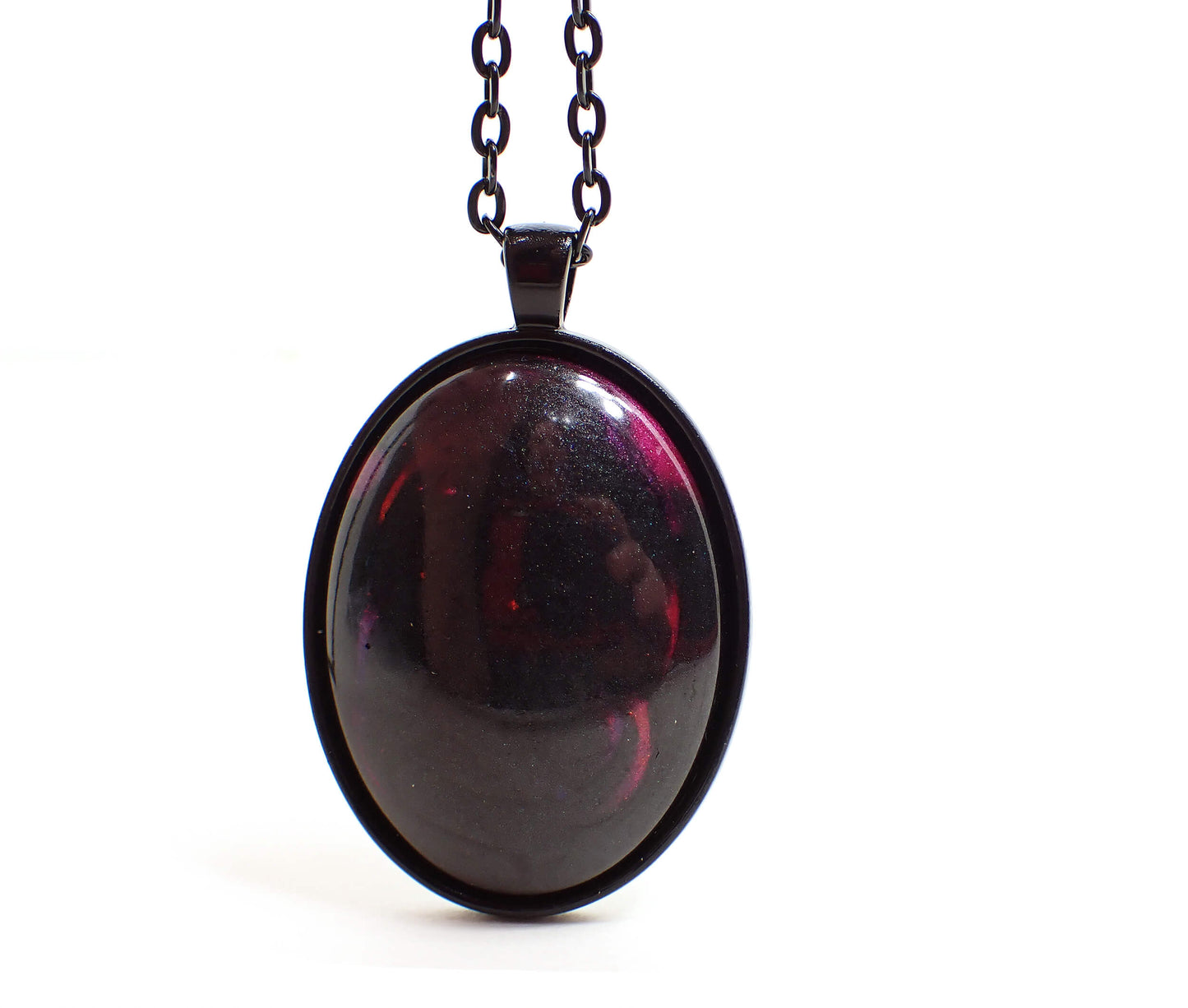 Goth Handmade Resin Large Black Oval Pendant Necklace with a Touch of Color
