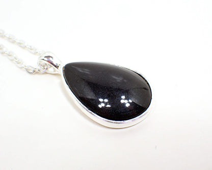 Black Handmade Resin Teardrop Pendant with Silver Plated Setting