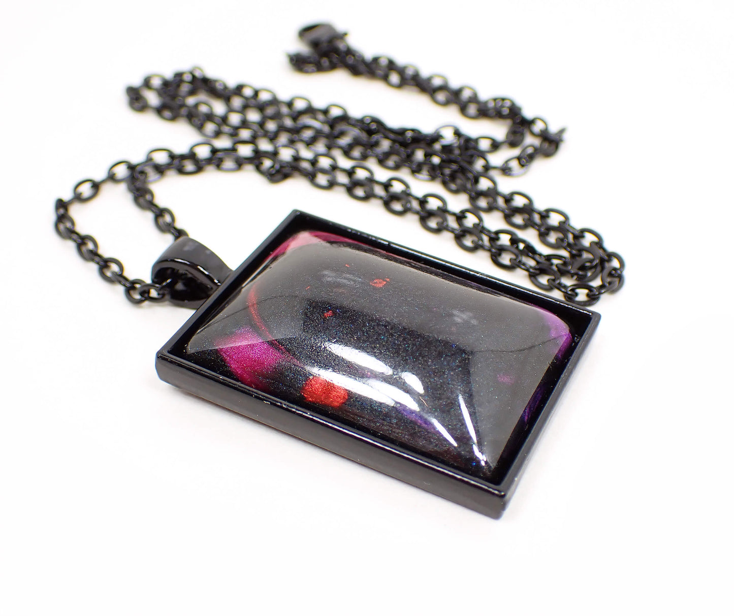 Goth Handmade Resin Large Black Rectangle Pendant Necklace with Splashes of Color