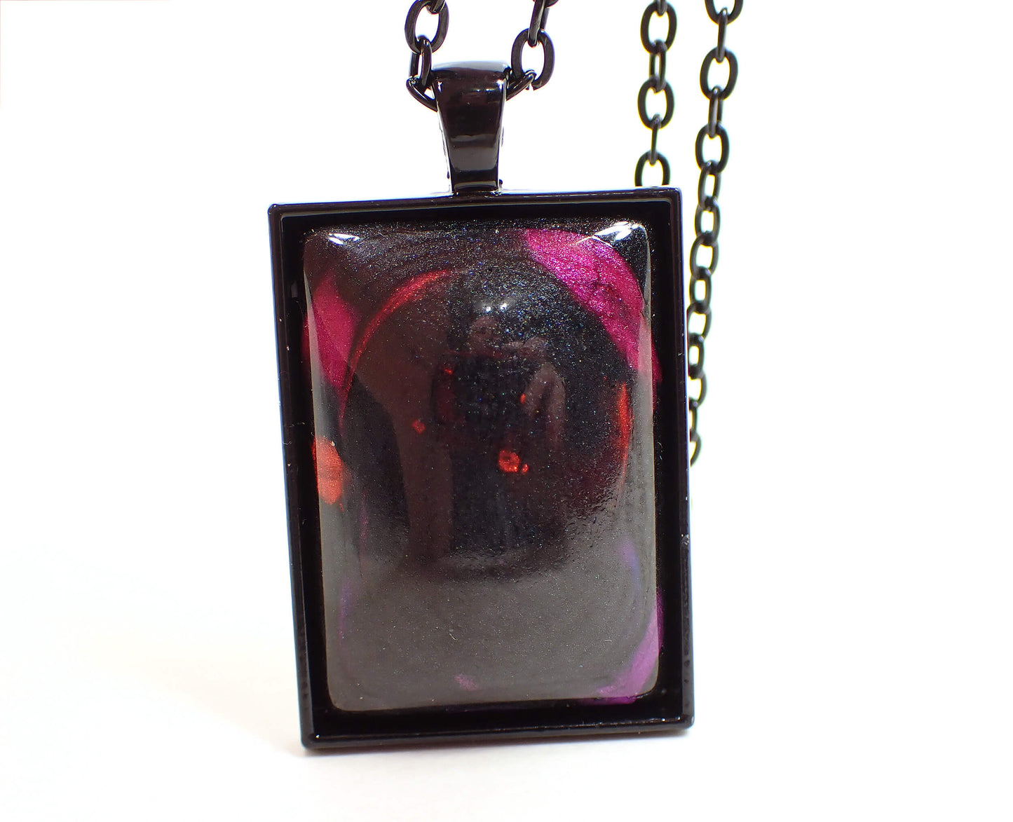 Goth Handmade Resin Large Black Rectangle Pendant Necklace with Splashes of Color