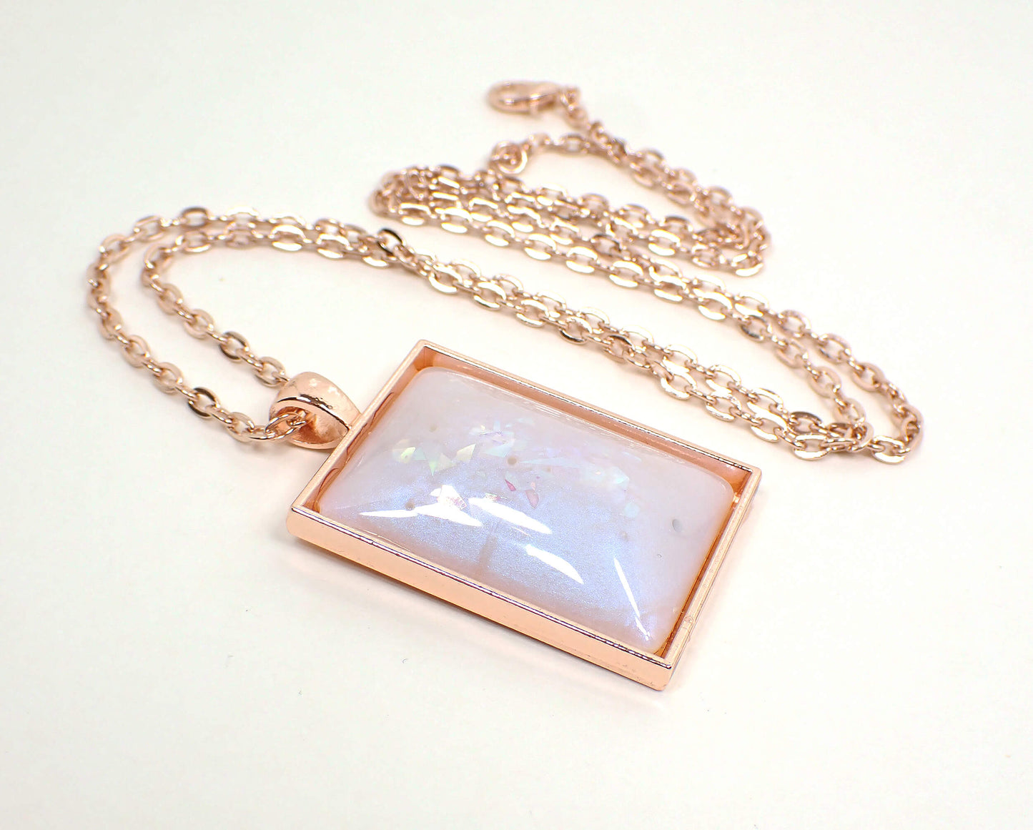 Handmade Blue Opal Color Shift Resin with AB Pink Glitter Rectangle Pendant Necklace