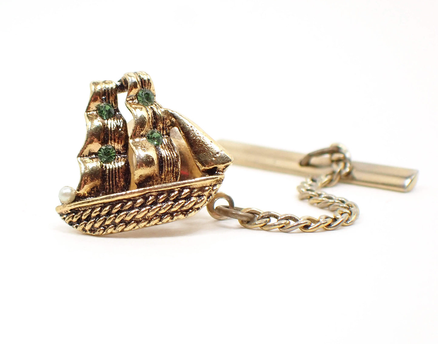 Mid Century Faux Pearl and Green Rhinestone Vintage Ship Tie Tack, Nautical Tie Pin