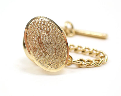 Letter Initial C Mid Century Vintage Tie Tack, Etched Engraved Tie Pin