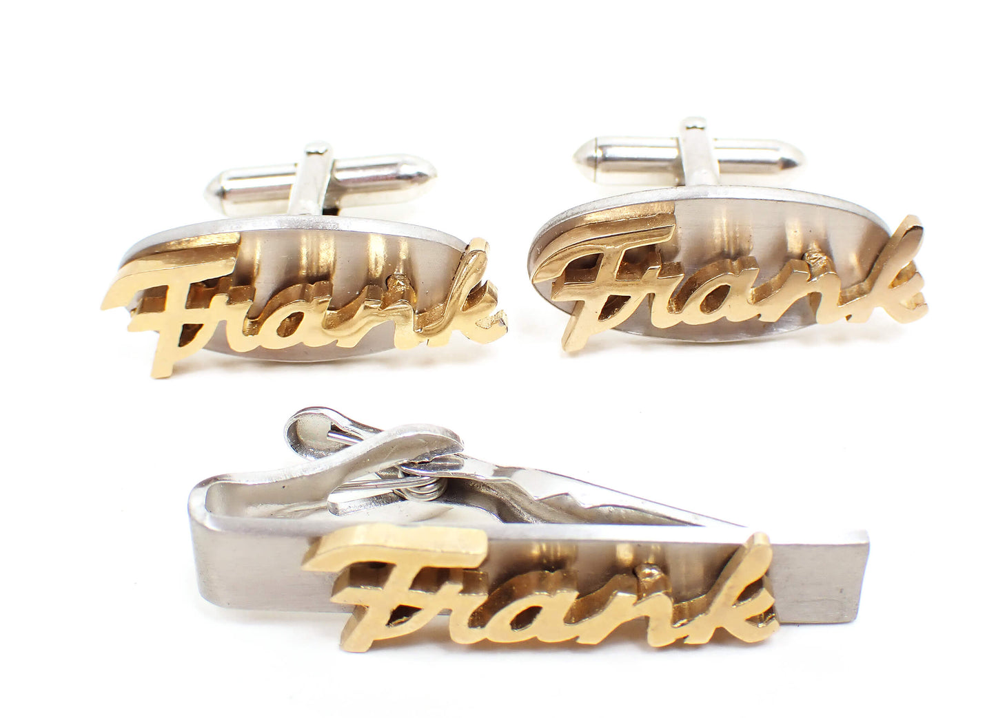 Mid Century Vintage Swank Two Tone Name Frank Tie Clip Clasp and Cufflinks Cuff Links Jewelry Set