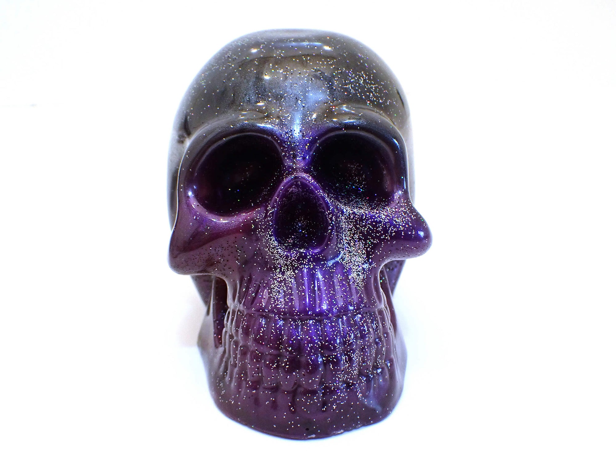 Large Black Gray and Dark Purple Handmade Resin Skull with Holographic Glitter