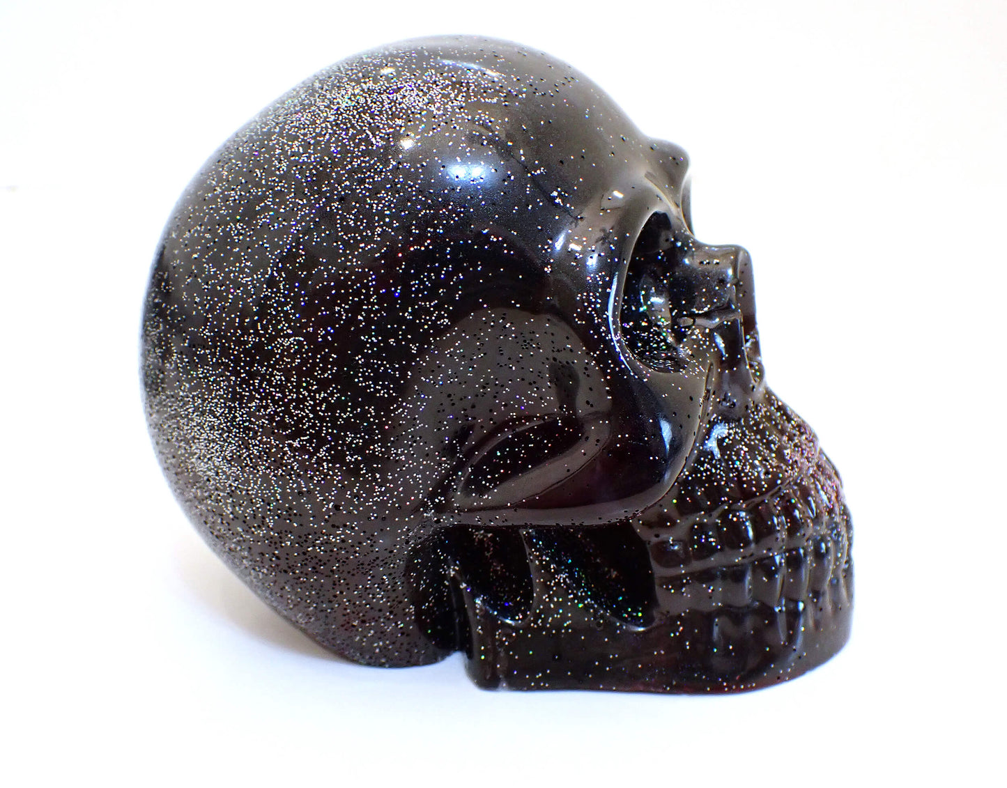 Large Black and Dark Purple Handmade Resin Skull with Holographic Glitter