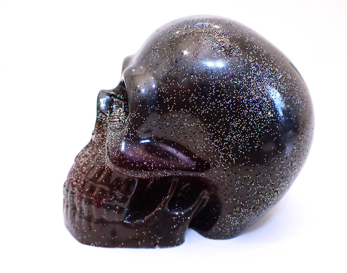 Large Black and Dark Purple Handmade Resin Skull with Holographic Glitter