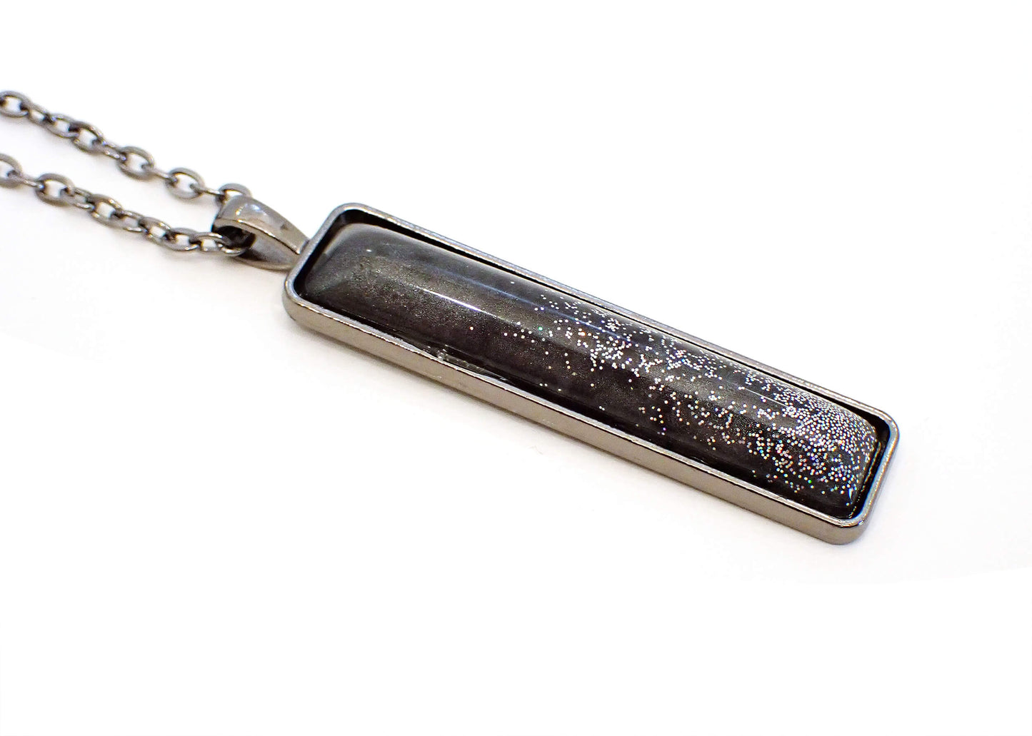 Gunmetal Gray Handmade Resin Bar Pendant Necklace with Holographic Glitter