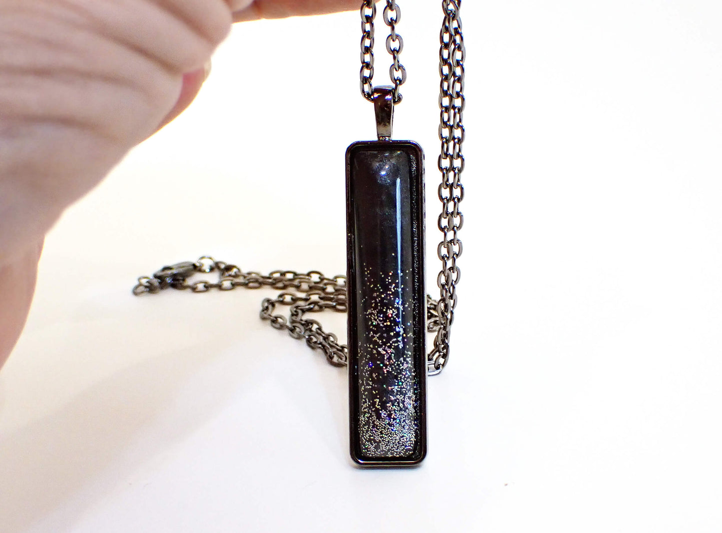 Gunmetal Gray Handmade Resin Bar Pendant Necklace with Holographic Glitter