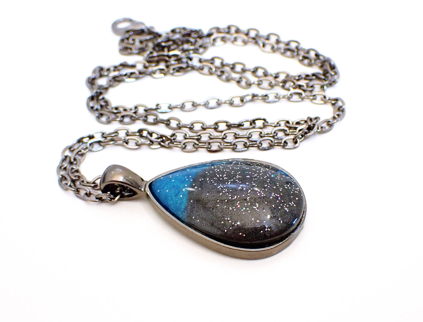 Gunmetal Handmade Teal Blue and Dark Gray Resin Teardrop Pendant Necklace with Holographic Glitter