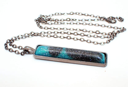 Handmade Teal Blue and Dark Gray Resin Gunmetal Bar Pendant Necklace with Holo Glitter