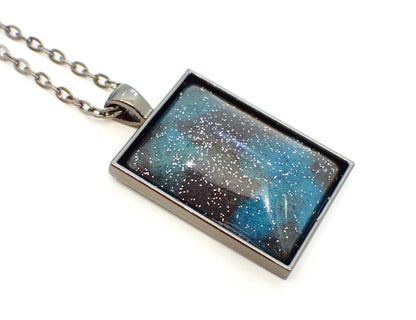 Large Handmade Teal and Dark Gray Resin Gunmetal Rectangle Pendant Necklace with Glitter