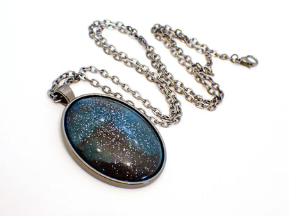 Gunmetal Big Handmade Dark Gray and Teal Blue Resin Oval Pendant Necklace with Holo Glitter