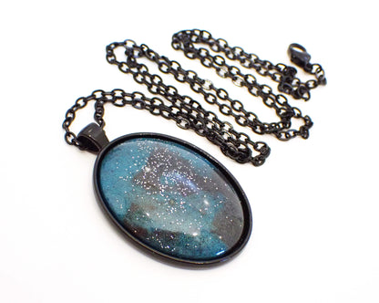 Big Goth Handmade Dark Gray and Teal Blue Resin Black Oval Pendant Necklace with Holo Glitter