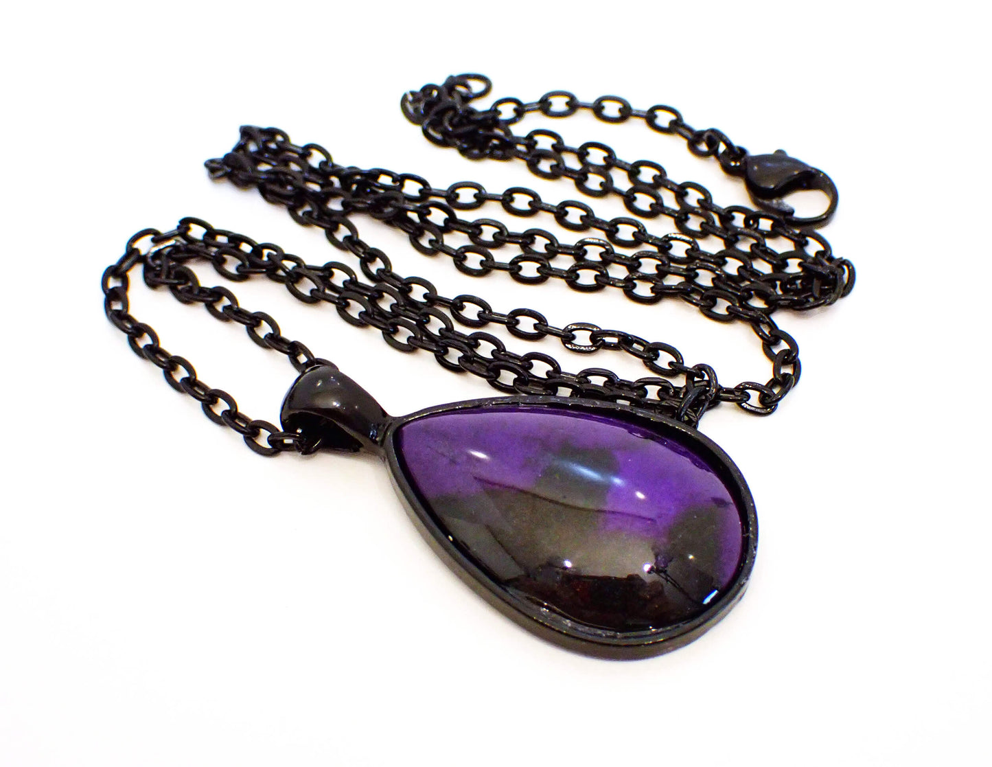 Goth Purple and Black Handmade Resin Teardrop Pendant Necklace