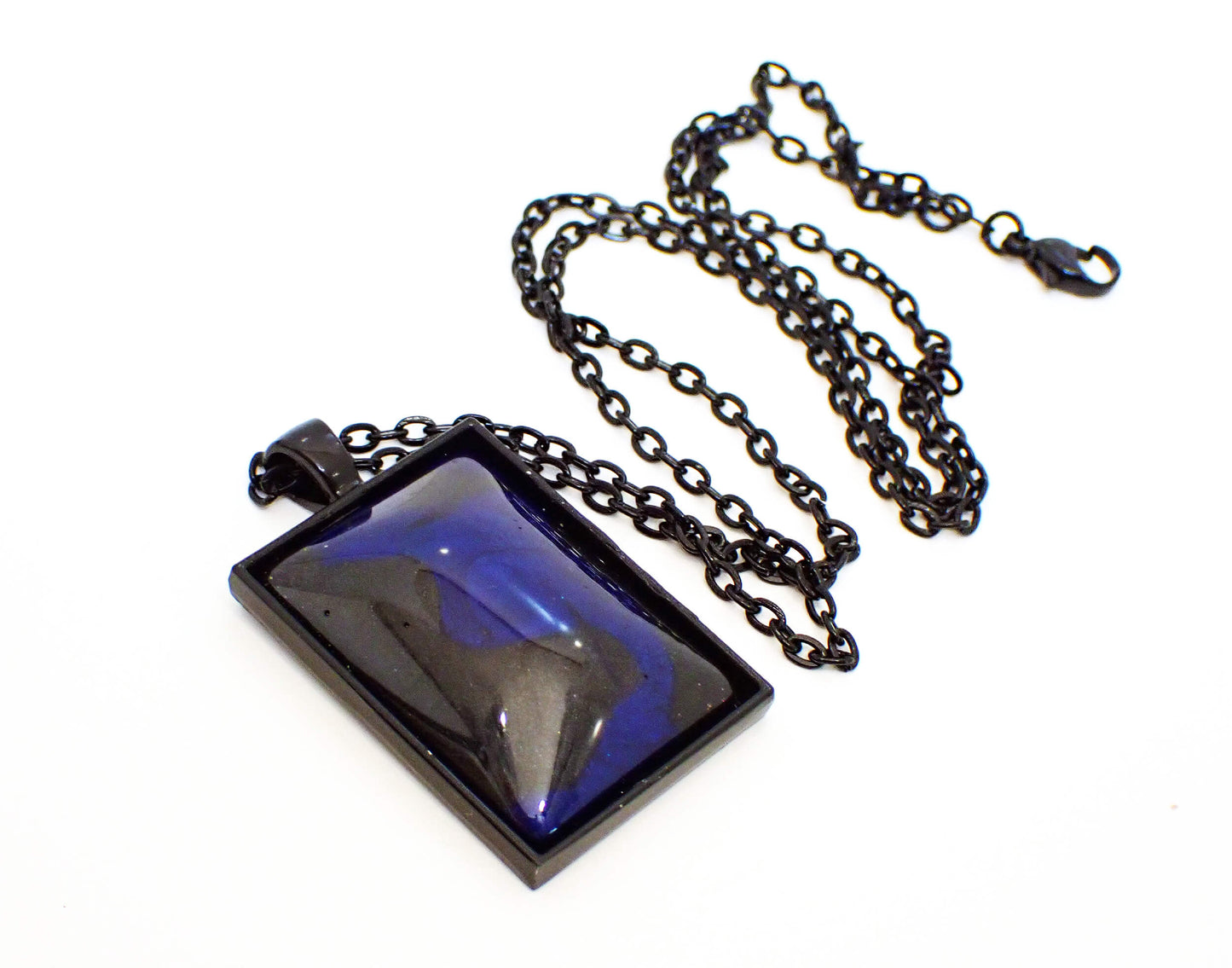 Large Goth Handmade Cobalt Blue and Black Resin Rectangle Pendant Necklace