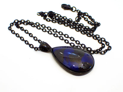 Goth Blue and Black Handmade Resin Teardrop Pendant Necklace