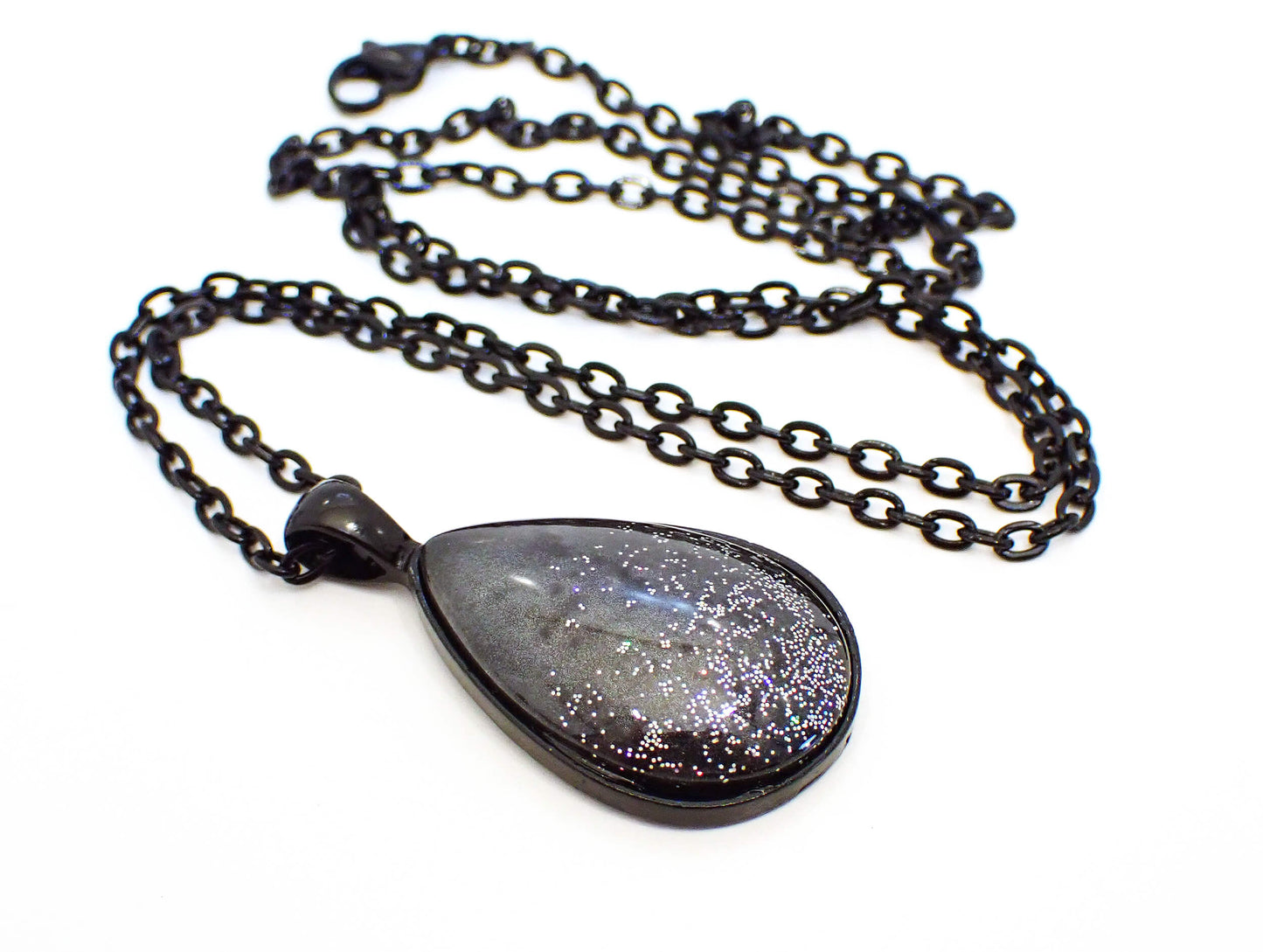 Black and Gray Handmade Resin Teardrop Pendant Necklace with Holographic Glitter