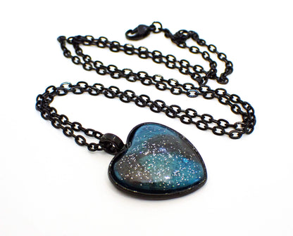 Teal Blue and Dark Gray Handmade Black Heart Resin Pendant Necklace with Holographic Glitter