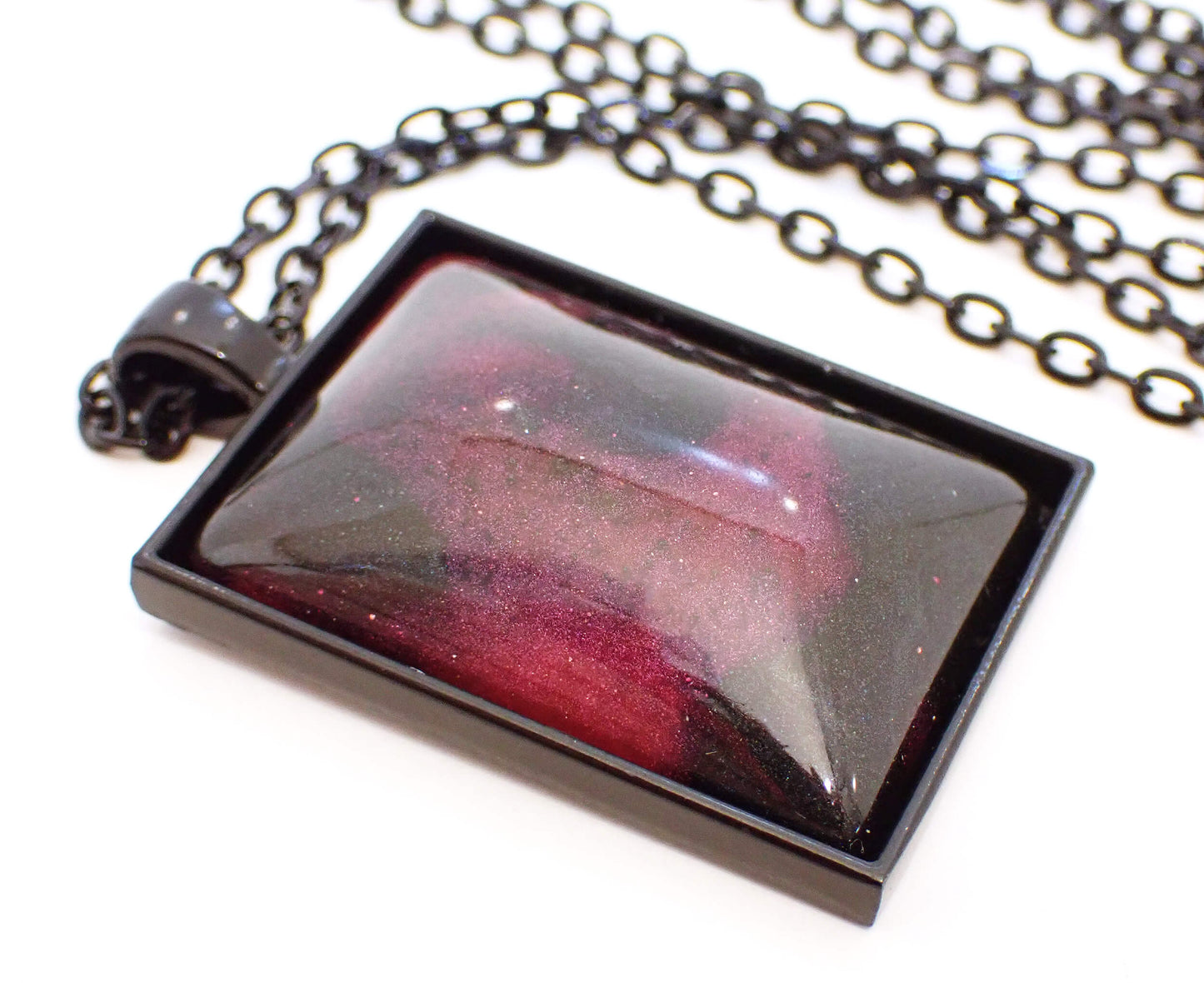 Goth Large Handmade Pink Purple Black Resin Rectangle Pendant Necklace