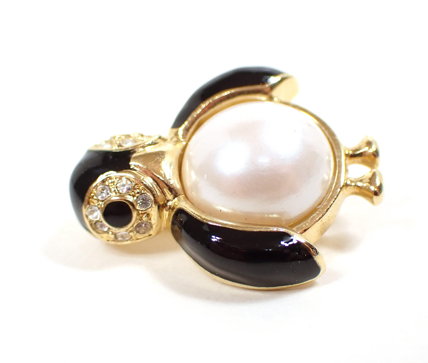 Small Faux Pearl and Rhinestone Marvella Retro Vintage Enameled Penguin Brooch Pin