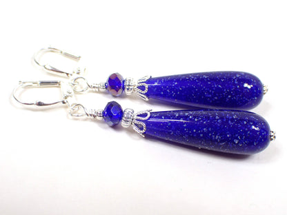 Dark Blue Confetti Lucite Handmade Teardrop Earrings Silver Plated Hook Lever Back or Clip On