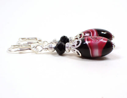 Marbled Pink and Black Oval Lucite Handmade Drop Earrings Silver Plated Hook Lever Back or Clip On