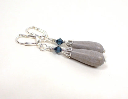 Blue and Gray Lucite Handmade Teardrop Earrings Silver Plated Hook Lever Back or Clip On