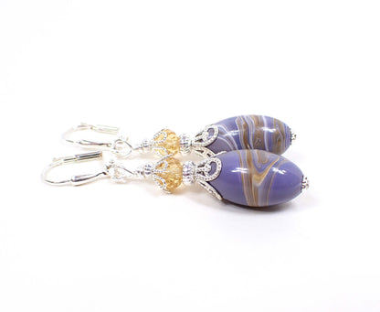 Handmade Purple and Brown Lucite Drop Earrings Silver Plated Hook Lever Back or Clip On