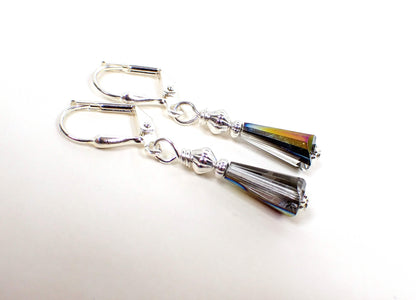 Small AB Crystal Glass Handmade Trapezoid Geometric Earrings Silver Plated Hook Lever Back or Clip On