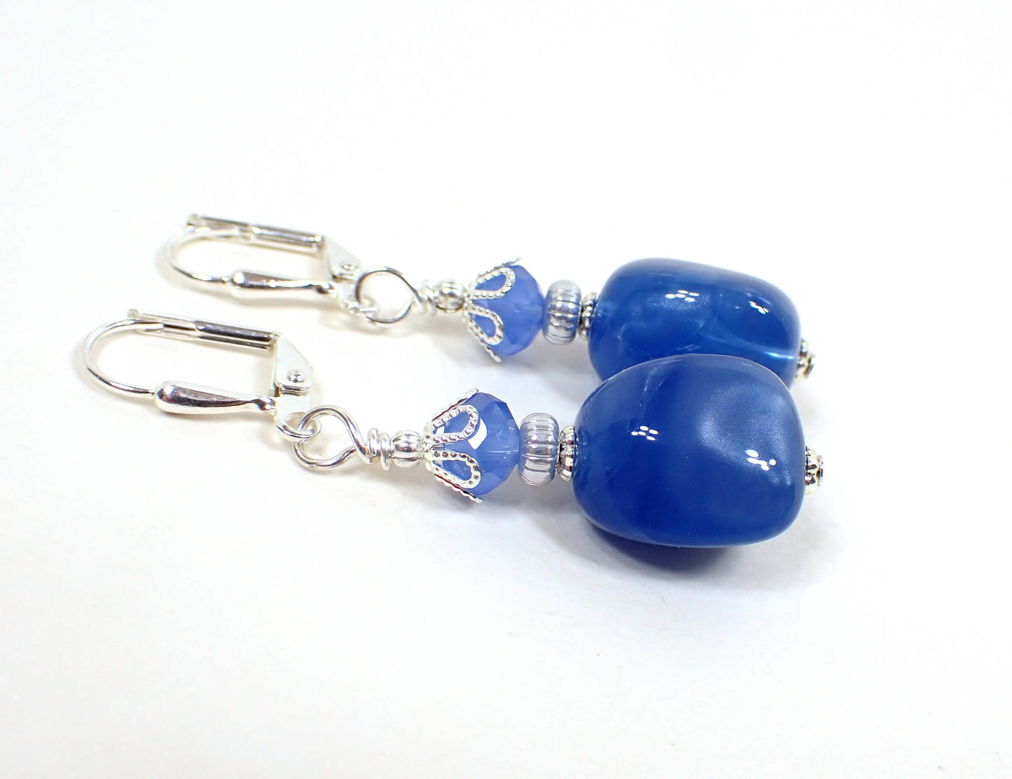 Pearly Blue Lucite Handmade Drop Earrings Silver Plated Hook Lever Back or Clip On