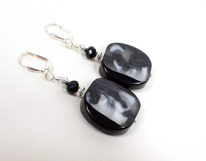 Large Black Gray White Lucite Handmade Earrings Silver Plated Hook Lever Back or Clip On