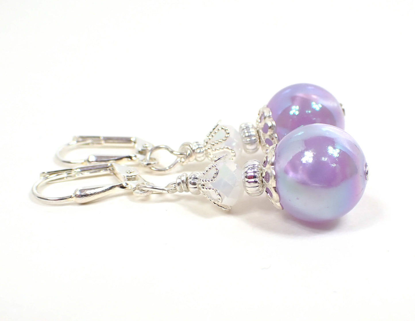 Handmade Pearly Iridescent Purple Drop Earrings Silver Plated Hook Lever Back or Clip On