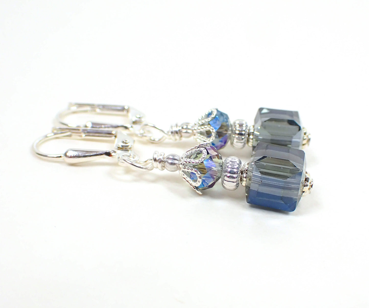 Small Blue Handmade Cube Earrings Silver Plated Hook Lever Back or Clip On