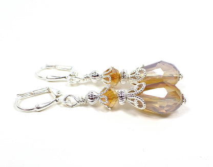 Peach and White Handmade Teardrop Earrings Silver Plated Hook Lever Back or Clip On