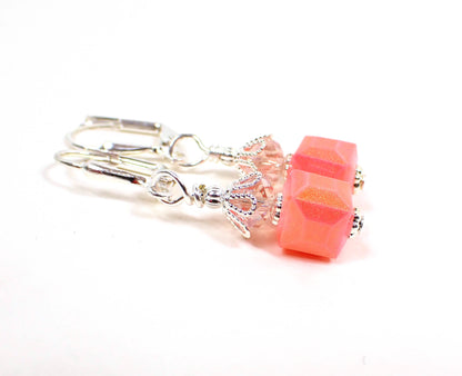 Small Pink with Golden Sheen Handmade Cube Earrings Silver Plated Hook Lever Back or Clip On
