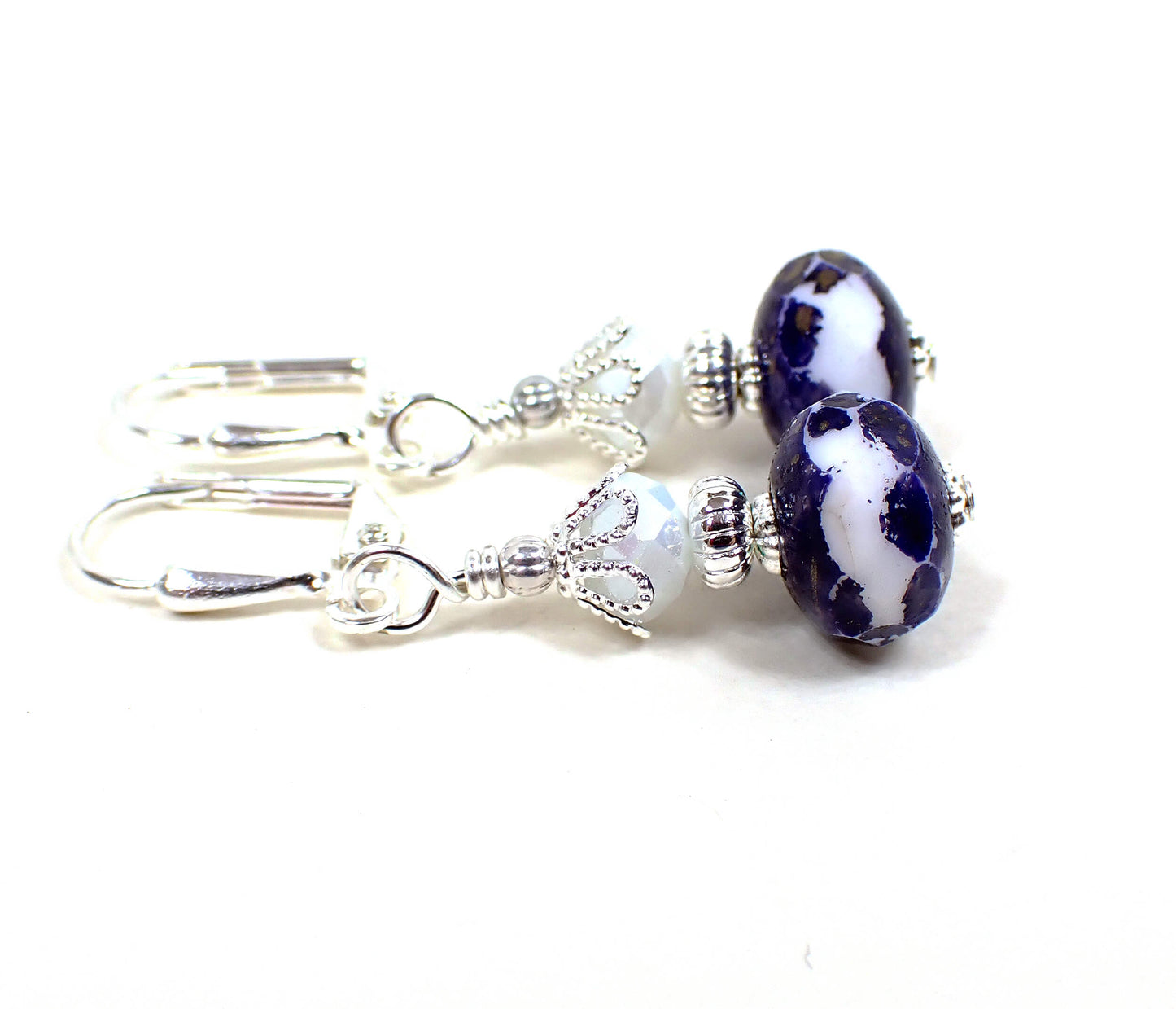 Blue and White Handmade Drop Earrings Silver Plated Hook Lever Back or Clip On