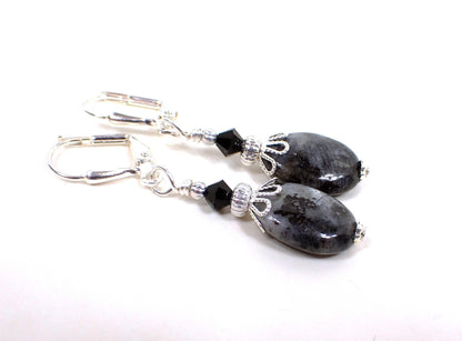 Larvikite Gemstone Oval Drop Handmade Earrings, Silver Plated Hook Lever Back or Clip On