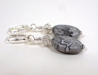 Crazy Lace Agate Gemstone Handmade Oval Drop Earrings, Silver Plated Hook Lever Back or Clip On