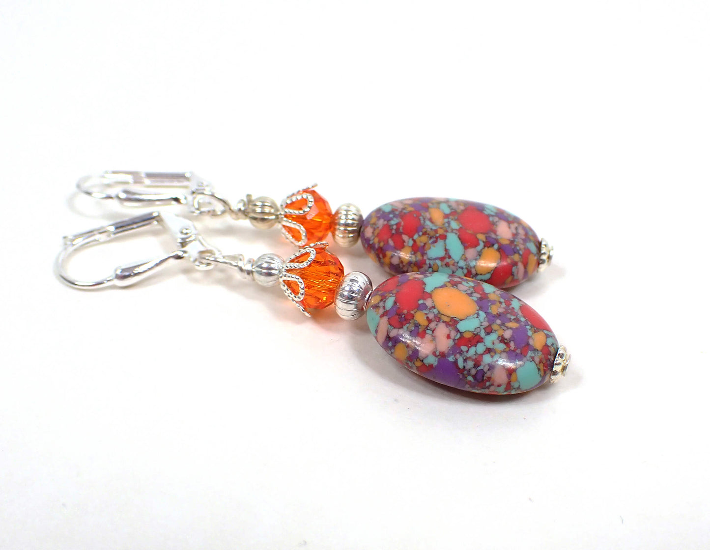 Multi Color Rainbow Resin Handmade Oval Drop Earrings, Silver Plated Hook Lever Back or Clip On