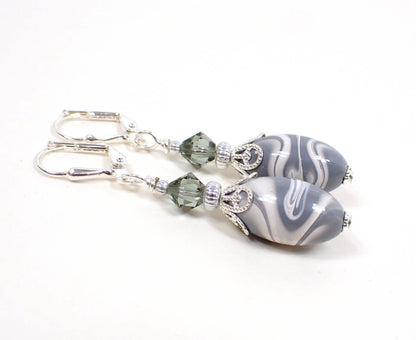 Gray and White Oval Lucite Handmade Drop Earrings Silver Plated Hook Lever Back or Clip On