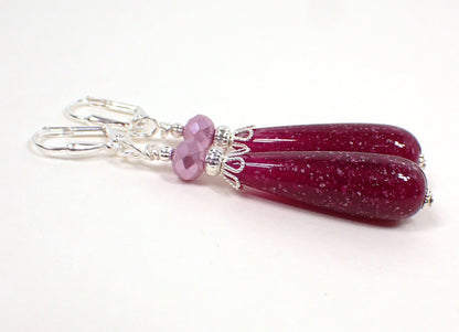 Plum Purple Confetti Lucite Handmade Teardrop Earrings Silver Plated Hook Lever Back or Clip On