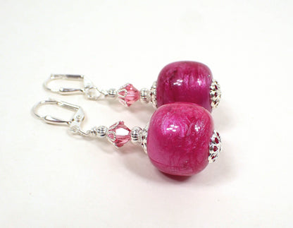 Big Pearly Raspberry Pink Lucite Handmade Drop Earrings Silver Plated Hook Lever Back or Clip On