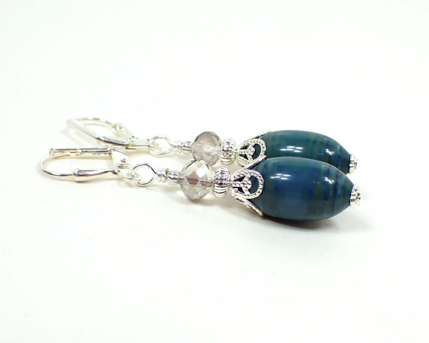 Blue Green Oval Lucite Handmade Drop Earrings Silver Plated Hook Lever Back or Clip On