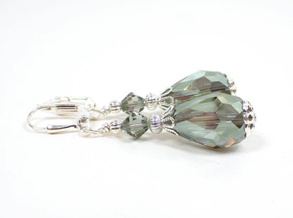 Large Smoky Green Handmade Teardrop Earrings Silver Plated Hook Lever Back or Clip On